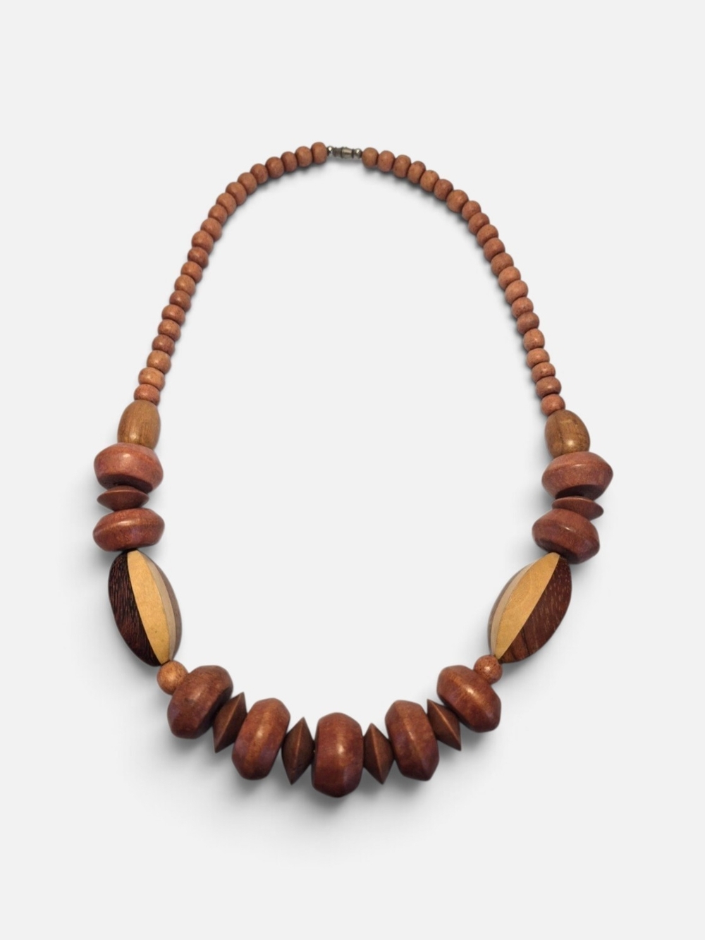 Rare Vintage Brown Wood Beaded Necklace, Boho Geometric, 26"